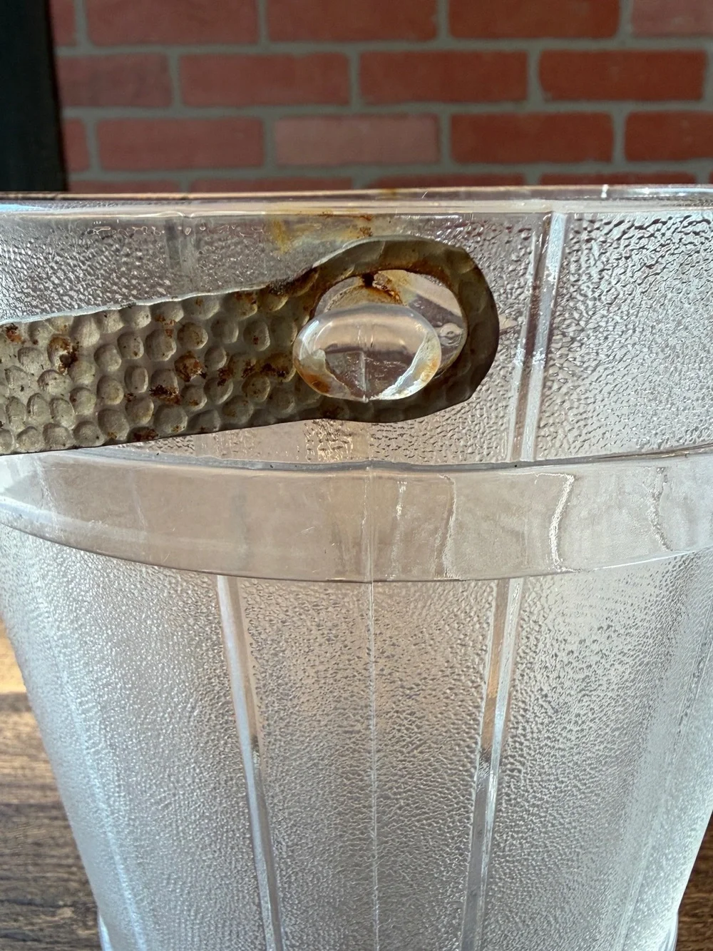 Vintage Clear Textured Glass Ice Bucket with Metal Swing Handle~Mid Century Era